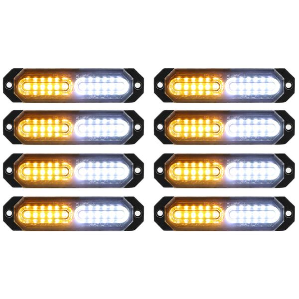 ASPL 8pcs Sync Feature Ultra Slim 12-LED Surface Mount Flashing Strobe Lights for Truck Car Vehicle LED Mini Grille Light Head Emergency Beacon Hazard Warning lights (Amber/White)