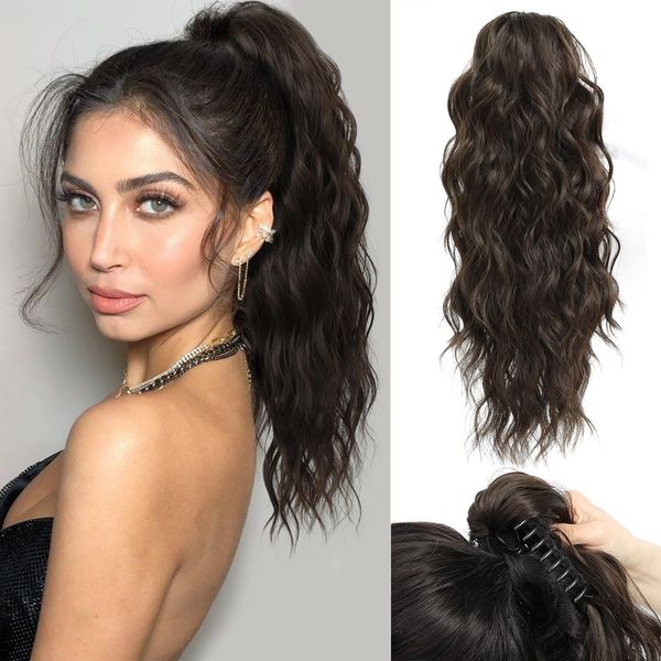 Fine Plus Ponytail Extension mit Klauenklammern, 45cm Wellige Lockige Pferdeschwanz Verlängerung Dark Chocolate Brown Synthetisches Haarteil Ponytail Extension für Frauen und Mädchen