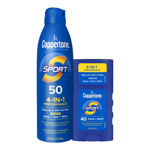 Coppertone Sport Sunscreen Spray, Broad Spectrum SPF 50 Water Resistant Spray Sunscreen, 5.5 Oz and Coppertone Sport Sunscreen Stick, SPF 40, 1.5 Oz