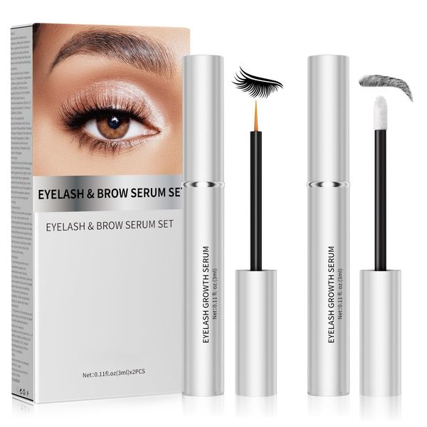 Eyelash and Eyebrow Growth Serum Two Piece Set, Eyelash Serum for Eyelash Growth Thickness, Stronger, Healthier Lashes & Brows, Longer, Fuller, and Thicker Lashes, Vegan & Cruelty-Free (3ml+3ml)