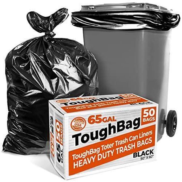 ToughBag 65 Gallon Industrial Trash Bags, 50 x 60” Large Black Garbage Bags,