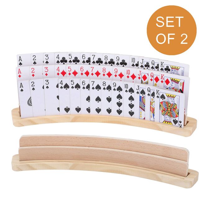 Exqline Curved Wooden Playing Card Holder Tray Rack Organizer Set of 2 Solid Card Holder for Kids Seniors - 13.8 x 1.9 x 2.4 Inch for Bridge Canasta Strategy Card Playing