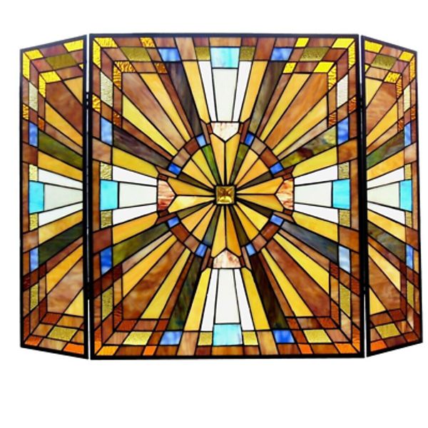 Tiffany Style Fireplace Screen Arts & Crafts Stained Glass 3 Section 27" X 38"