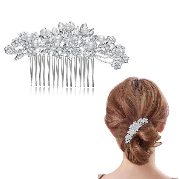 UAIAGM Wedding Hair Comb Side Crystal Bridal Headpiece with Pearls and Diamonds Elegant Rhinestone Hair Accessories for Brides Prom and Bridesmaids Women Girls Bridal Combs and Clips (Silver)