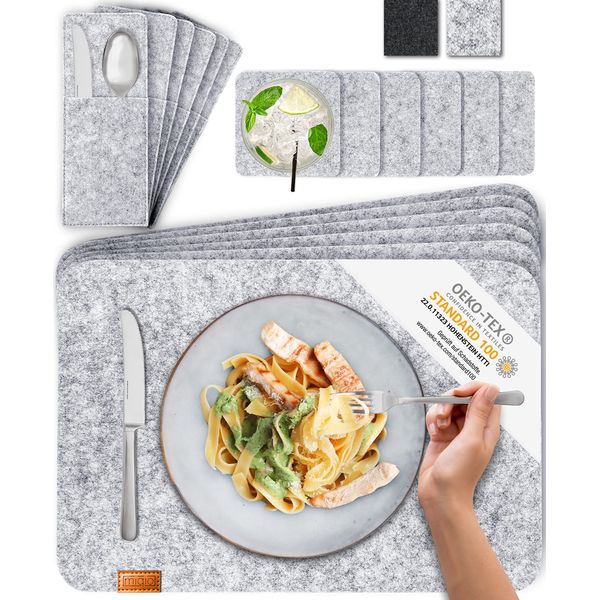 MIQIO® Scandi Style Felt Place Mats with real Leather Label - Washable | Set of 6 Felt Placemats 44x30 cm, Cuttlery Bags, Glass Coasters | Table Mats for Easter Table Decoration | Light Grey