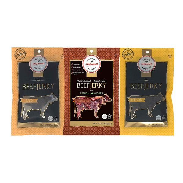 Aufschnitt Grass Fed Beef Jerky - Low Sodium, Certified Kosher - Halal and Keto Friendly - 3 Pack, Sweet Variety