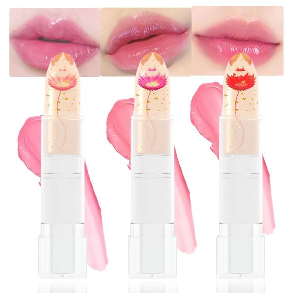 BINGBRUSH 3 Pcs Crystal Flower Jelly Color Changing Lipstick,Long Lasting Lip Care Moisturizer Lip Balm Magic Color Change Lip Gloss Lip Tint Stain Matte Makeup Lipstick