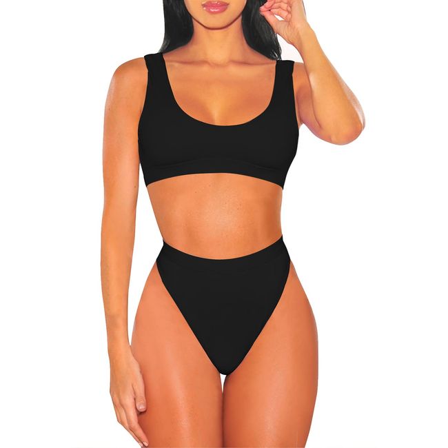 Viottiset Damen Zweiteilige Bikini Set Badeanzug Crop Top Hohe Taille Bademode Strandkleidung Push Up Sommer Schwarz L