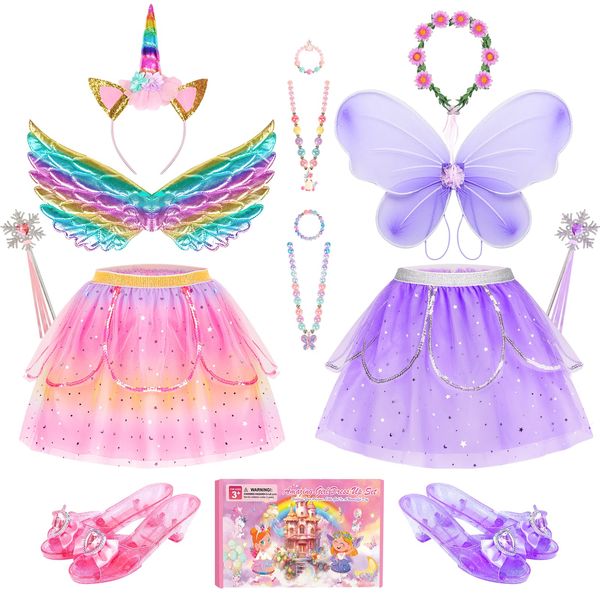 Jeowoqao Kids Princess Dress Up Clothes for Little Girls, Toddler Girls Dress Up Pretend Play Costumes, Girls Dress up Set-Girls Tutu, Butterfly Wings, Princess Shoes Toys Gifts for Girls 3-6 Years