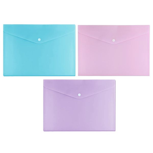 Pack of 3 Pcs - A5 Pastel Blue, Pink, Purple Colour Plastic Wallets Folder Documents File Holder Press Stud Button Polypropylene Folder Clear Envelope (A5 Document Wallet)