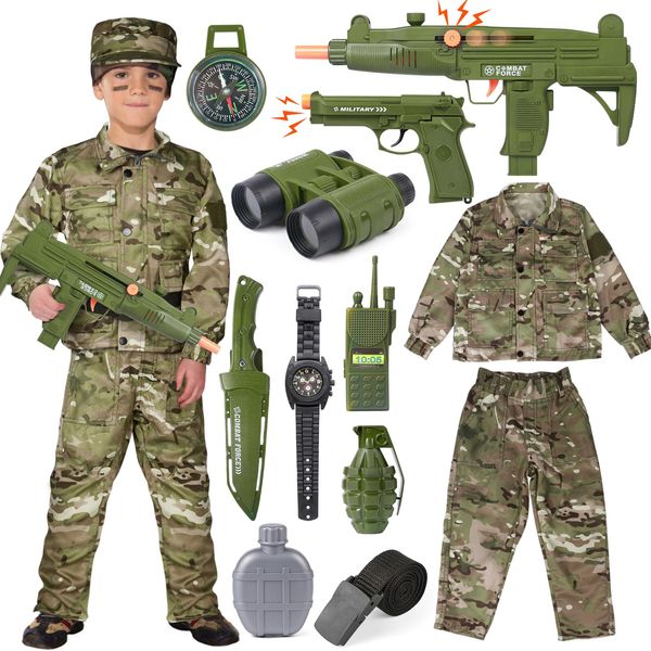 Tacobear Soldier Military Costume for Kids Boys Ages 3-9 Halloween Dress Up Role Play Set with Toy Accessories