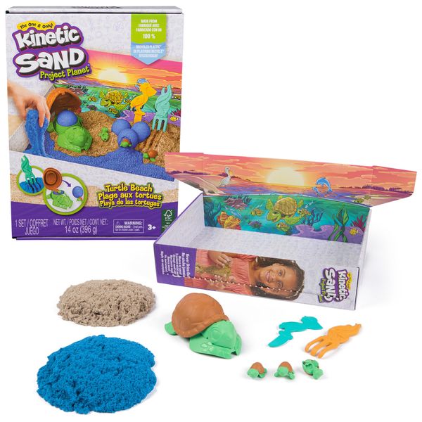 Kinetic Sand, Project Planet Turtle Beach, 14oz Play Sand, Tools & Molds, Sustainably Minded Eco Friendly Materials, Christmas Gifts for Kids Ages 3+