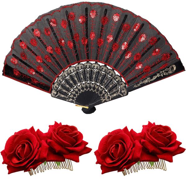 2 Pieces Women Rose Flower Hair Clip and Embroidered Sequins Fabric Handheld Folding Fan Hair Accessories for Flamenco Dancer Costume Accessories Girl Halloween Cosplay Party