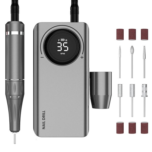 Nagelfräser Akku, Maniküre Set Elektrische Nagelfeile 35000 U/Min, Delanie Nagelfräser Für Gelnägel Acrylgel Nagelhaut Entferner, Fußpflege Pediküre Nageldesign mit LED-Anzeige USB-Aufladung -Grau