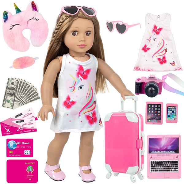 BDDOLL 18 Inch Girl Doll Clothes Accessories Travel Play Set Including Suitcase Luggage, Unicorn Dress, Sunglasses, Camera, Computer, Phone, Ipad,Travel Pillow fit 18 Inch Doll