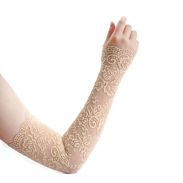 Suxgumoe Lange Spitzenhandschuhe, Frauen Blumenspitze Armstulpen Spitze Armstulpen Fingerlose Fahrhandschuhe für Hochzeitsfeier (Beige)