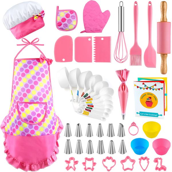 INNOCHEER Kids Baking and Cooking Set for Girls, 54PCS Chef Costume Set with Kids Apron, Chef Hat, All Real Cooking Tools and Baking Supplies, Kitchen Utensils and Recipes for Child Junior Chefs 3+