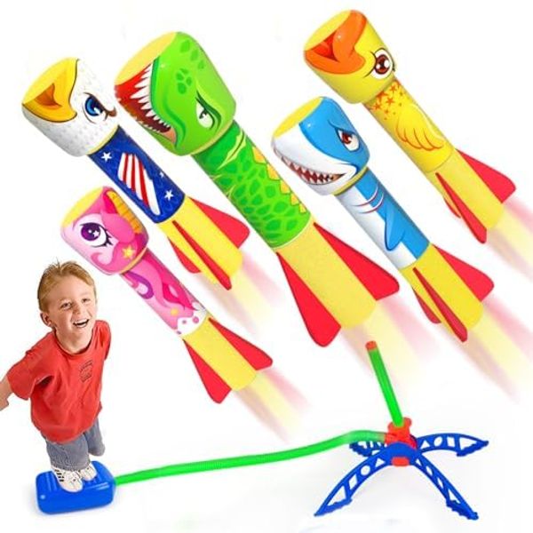 Hymaz 5 pcs Rockets Launcher for Kids, Launch Stomping Up to 100 Ft, Outdoor Indoor Toys for Kids 3 4 5 6 7 8 9 10 11 12 Year Old Boys Girls Birthday Xmas Gifts- Rocket poam Catapult Flying Toys