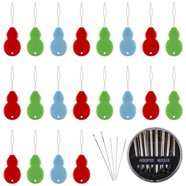 TUPARKA 20 Pieces Needle Threaders Gourd Shaped Plastic Needle Thread Detector with 1 Set Assorted Sizes Hand Sewing Needles