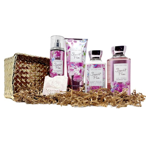 Bath & Body Works Sweet Pea Gold Woven Basket 4 Piece Gift Set - Fine Fragrance Mist, Shower Gel, Body Lotion and Body Cream with a Himalayan Salts Springs Sample Soap.