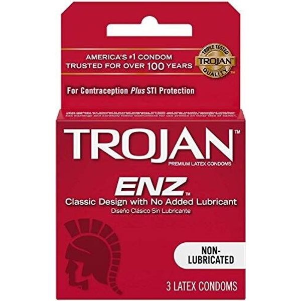 Trojan ENZ Non-Lubricated Latex Condoms Classic Design- 3 Count Pack