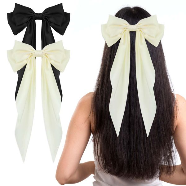 2 Pcs Bow Hair Clips Silky Satin Hair Bows Oversized Long Tail Hair Bow Clips Hair Ribbons for Women Girls Hair Accessories (Black, Beige)