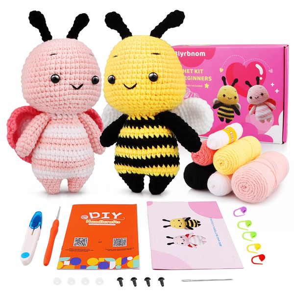 Blyrbnom Crochet Kit for Beginners, Amigurumi Crocheting Animals Kits with Step-by-Step Video Tutorials, Knitting Starter Pack for Adults&Kids,(Bee and Butterfly Couple)