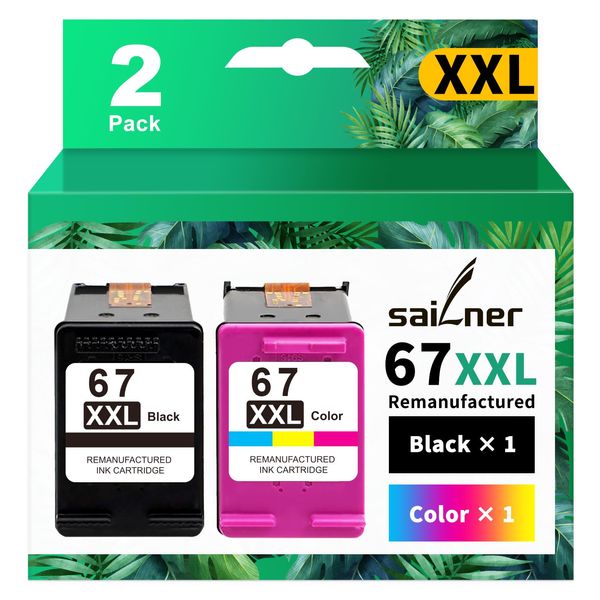 SAILNER 67XXL Ink Cartridge Black/Color Combo Pack Remanufactured Ink Cartridge Replacement for HP Ink 67 67XL 67XXL for HP DeskJet 4155e Ink Cartridges 2755e 4155 2700 Envy 6055 Printer for HP 67XXL