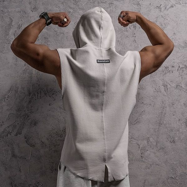 Gym Vest Men's Hooded Basketball Vest Overfit Mace Training Sleeveless T-shirt, Gray