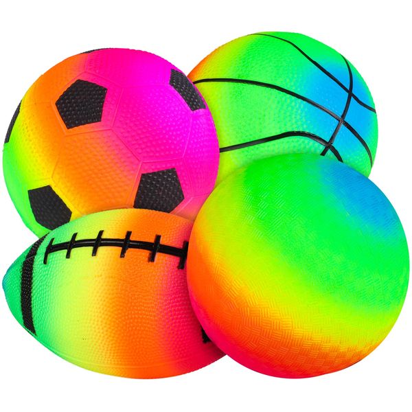 Hxezoc 4 Pack Rainbow Sports Balls Set 6 Inch Inflatable Vinyl Balls with Added Hand Air Pump, Neon Basketball, Soccer, Volleyball and Football for Kids and Toddlers Playground Indoor and Outdoor Use