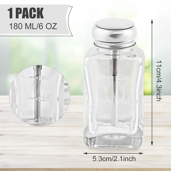 180 ml/6 oz Clear Glass Push Down Dispenser Bottle Refillable Square Pump Dispenser Bottle Container with Metal Flip Cap for Alcohol Liquid Nail Polish Remover Makeup Remover Toner