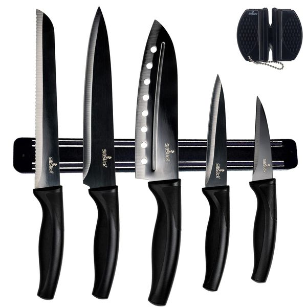 SiliSlick Kitchen Knife Set Kit, 5 Professional Grade Iridescent Blade Knives | Includes Knife Sharpener & Magnetic Wall Hanger | All Black with Black Knife Rack