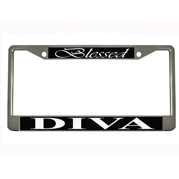 Blessed Diva Custom Tag License Plate Frame Metal Chrome/Black (Black/White)