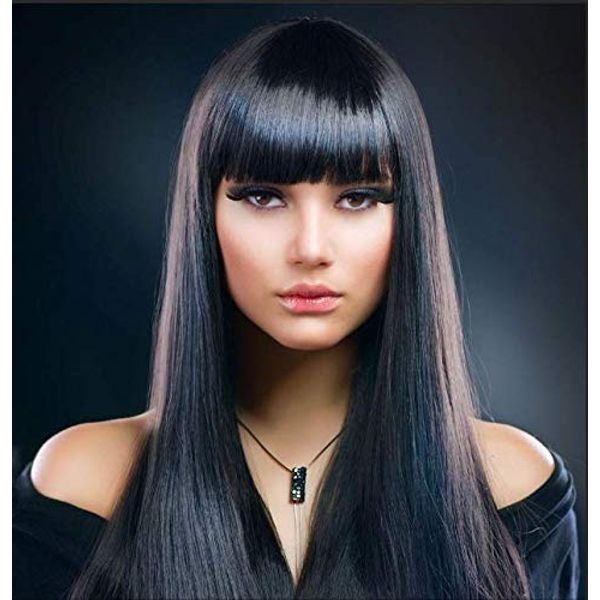 BESTUNG 28 Inches Fashion Long Straight Wigs for Women Natural Black Synthetic Full Wig with Bang for Cosplay Costume or Party (Neat bangs)