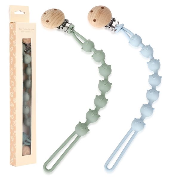 Nupoopy Pacifier Clips, 2 Pack Silicone Pacifier Holder with One Piece Design, BPA Free, Pacifier Chain with Clip for Binky&Teether Toys, Best Newborn Shower Gift for Boy 3 Month+, Sage, Ether