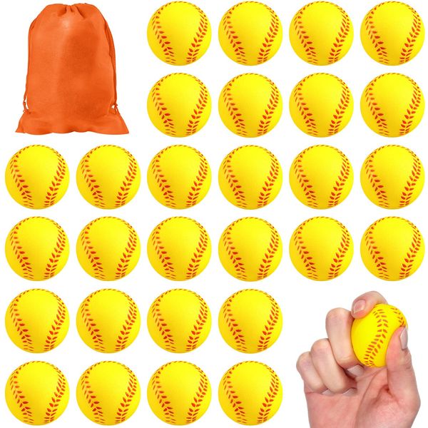 72 Pieces Mini Softball Stress Ball Softball Party Favors Yellow Foam Sports Balls Tiny Baseball Toys Team Gifts with Storage Bags for Kids Anxiety Relief Party Supplies School Carnival Reward