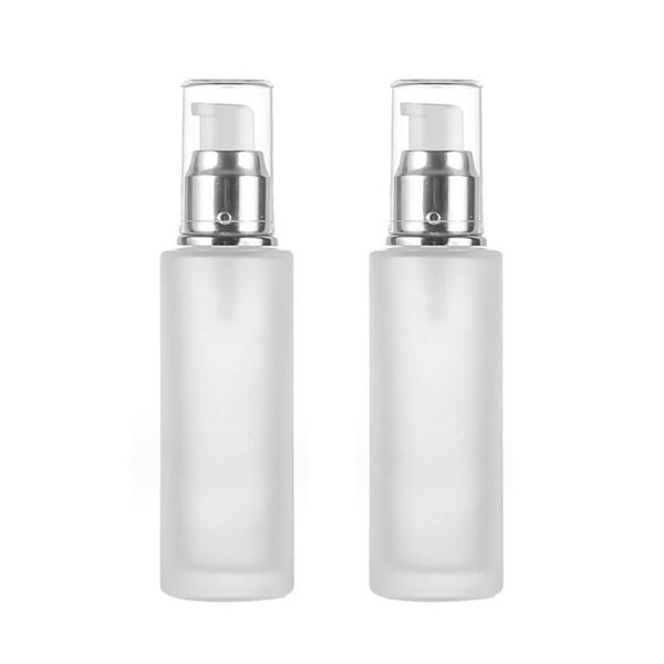 2Pcs 120ml/4oz Empty Clear Frosted Glass Lotion Pump Dispenser Bottle Refillable Cosmetic Cream Container Travel Toiletries Pump Dispenser Vials for Emulsion Essencial Oil