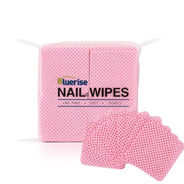 BLUERISE Lint Free Nail Wipes Pink 600pcs Nail Polish Remover Pads Soft Absorbable Eyelash Extension Glue Cleaning Wipes