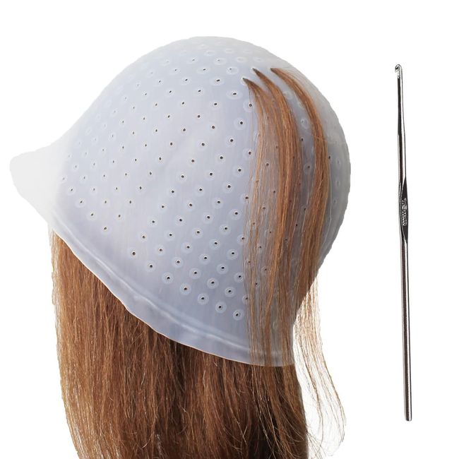 Reusable Silicone Hair Dyeing Cap with Holes Hair Coloring Caps with Metal Hook for Hairdressing Highlighting Hair Salon Tools Kit