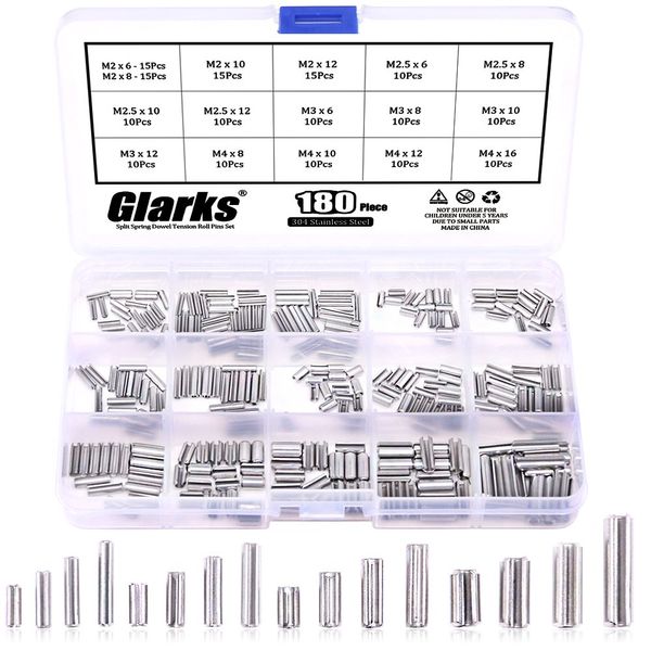 Glarks 180Pcs M2 M2.5 M3 M4 Slotted Spring Pin Assortment Kit, Split Spring Dowel Tension Roll Pins - 304 Stainless Steel