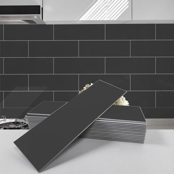 Avant Decor | Sample Tile | Stone Composite Subway Solid Color Tiles | Peel and Stick Kitchen Backsplash Tiles | Wall Tiles | 4” x 12” | Bex Metro Glossy Pewter