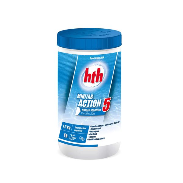 HTH Slow Dissolving Tablets 20g Action 5 for Pool, Stabilised Chlorine