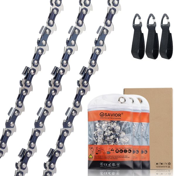 Savior 3 x Chainsaw Chain for 18 Inch (45 cm) Bar, 62 Drive Links, .050" Gauge, 3/8"LP Pitch, Saw Chains Compatible for Oregon, Husqvarna, Bosch, McCulloch and More