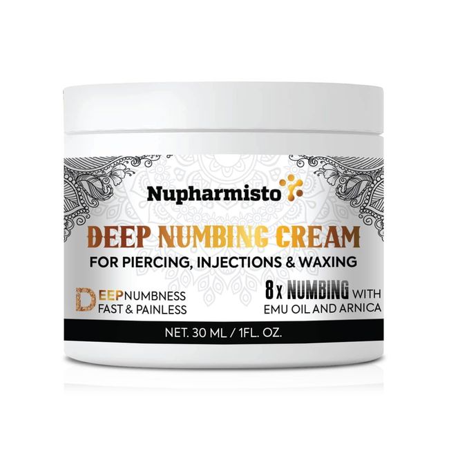 Nupharmisto Deep Numbing Cream for Piercing, Injections& Tattoos, Fast Numbing for Waxing, 7 Hours Maximum Strength Painless Numbing Cream for Injections, 8x Numbing with Emu Oil and Arnica. 30ml/1oz