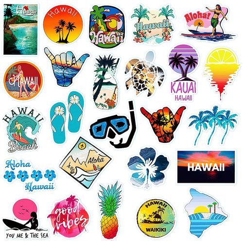 100 Pcs Hawaii Summer Stickers, Waterproof Vinyl Decals for Surfboard Water Bottles Guitar Laptop Luggage Skateboard Refrigerator Scrapbooking Beach Vacation Decorate Gift for Teens Kids