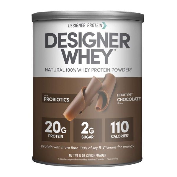 Designer Wellness Designer Whey Natural 100% Whey Protein Powder with Probiotics , Fiber, and Key B-Vitamins for Energy, Gluten-free, Non-GMO, Gourmet Chocolate 12 oz