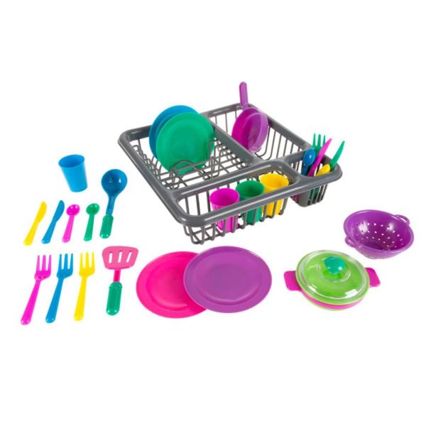 Hey! Play! Kids Play Dish Set, 27 Piece Tableware Dish Set with Dish Drainer – for Kitchen Playset and Pretend Food, Toys for Boys and Girls