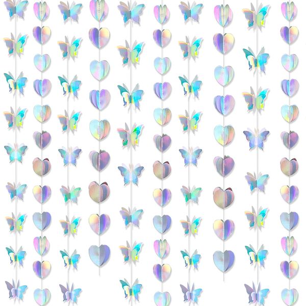 40 Feet Iridescent Party 3D Iridescent Butterfly&Heart Hanging Garlands Holographic Butterflies Love Heart Paper Garland Party Streamers for Wedding Home Decor Birthday Baby Shower Decorations