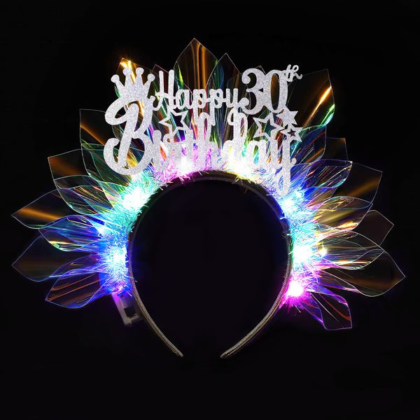 30th Happy Birthday Headband Women - Handmade LED Glowing Laser Light Up Birthday Crown 30 Years Old Bday Tiara Flashing Headpiece Hair Accessories for Party Favors Gifts Photo Shoot Supplies