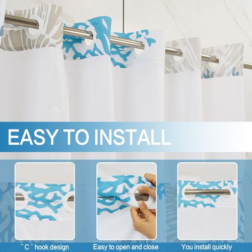 DASHAN No Hook Shower Curtain with Snap in Liner, Blue Nautical Coastal Shower Curtains for Bathroom, Tropical Beach Ocean Starfish Bathroom Curtains Hotel Fabric Bath Curtain 71"x74"